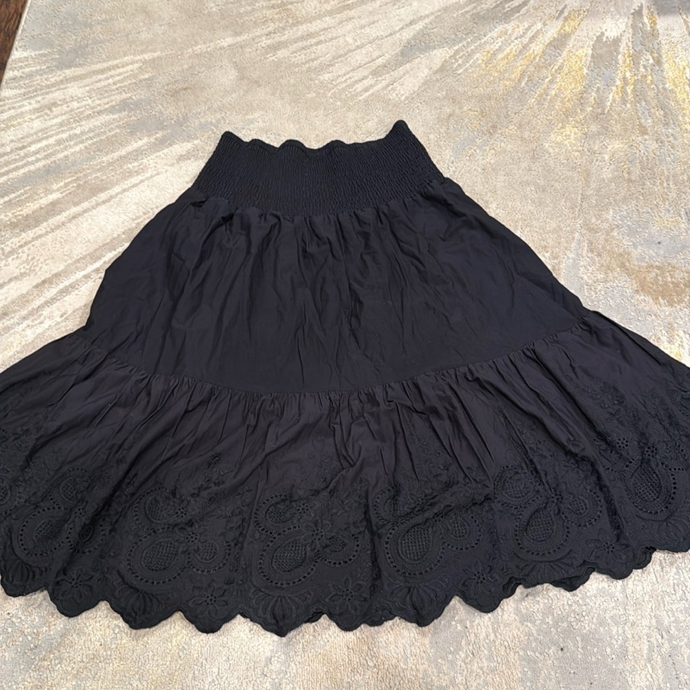 Jason Wu womens Size XL embroidered Eyelet Midi Tiered Skirt black lined floral